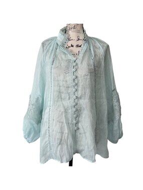 Benaar Womens Size M/L Top Blouse Light Blue Sheer Button-Up Lace-Details NEW